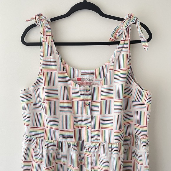 Linen Cotton Rainbow Stripe Sundress Button Front Boho Coastal Pockets L - Picture 5 of 8